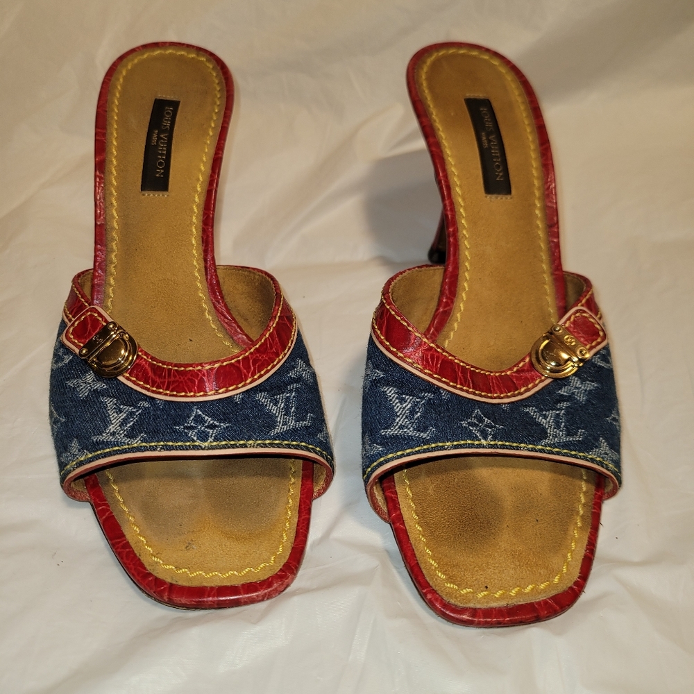 Louis Vuitton Denim Monogram Slide Sandals with Red Trim and Gold Hardware